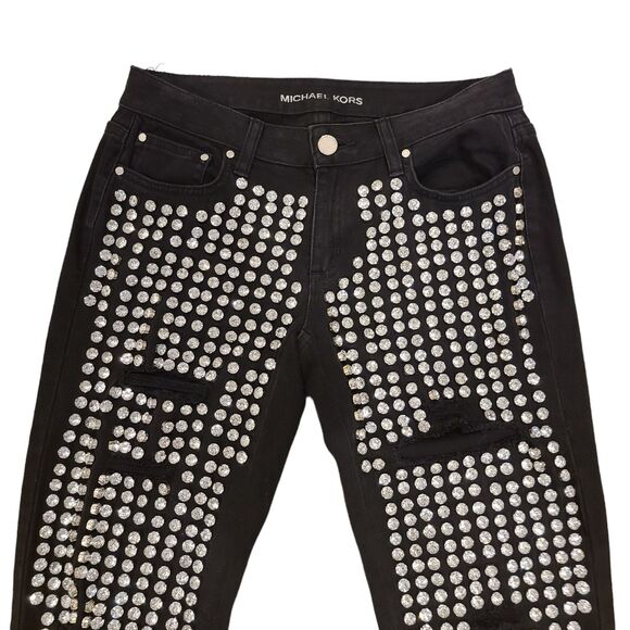 Michael Kors Jeans Womens‎ Size 2 Black Denim Rhinestones Distressed Rocker Glam - Picture 6 of 11